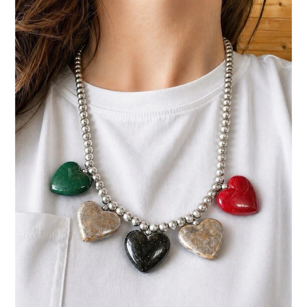 Navajo Pearl Style Heart Charm Silver Tone Beaded Necklace Southwestern Western